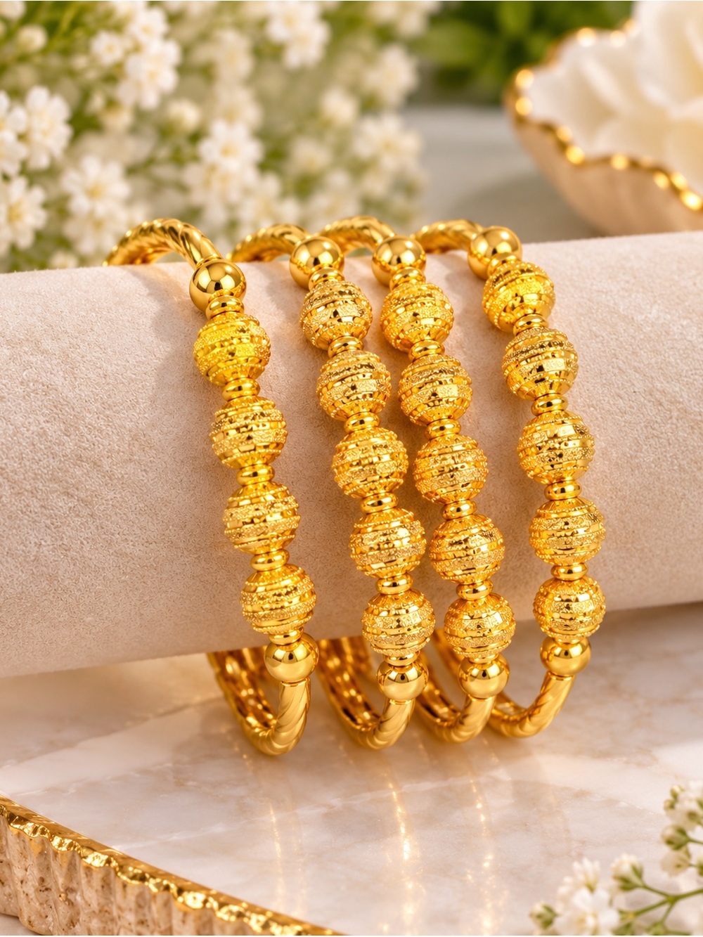Gold Beaded Women's Bracelet Set - Elegant Stacked Bangles